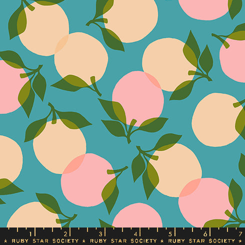 Juicy Tumbling Peaches in Turquoise - Ruby Star Society Sold by the Half Yard
